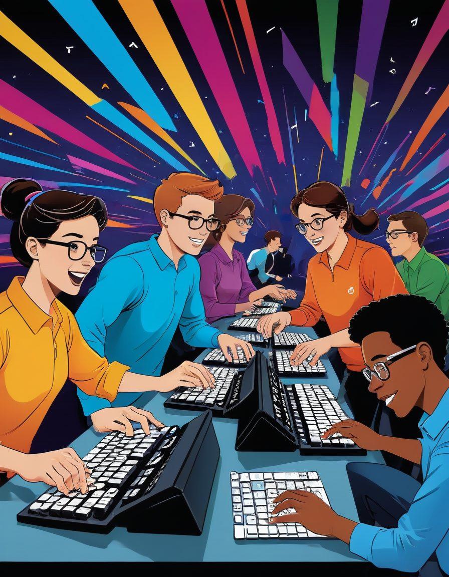 A dynamic scene showing a diverse group of people intensely participating in a typing competition, surrounded by colorful keyboards and digital displays. Incorporate action lines to depict speed and excitement, with motivational banners in the background reading 'Skill Improvement' and 'Join the Revolution!' The atmosphere should feel energetic and competitive, with bright, engaging colors. cartoon style. vibrant colors. high contrast.