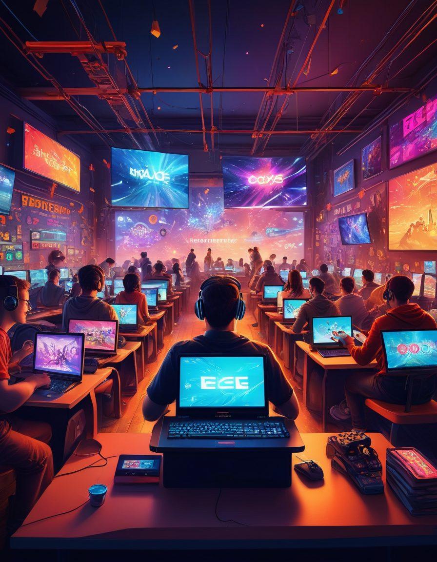 A dynamic scene featuring a group of diverse people joyfully playing interactive typing games on their laptops, surrounded by colorful animated letters and symbols swirling around them, representing speed and skill enhancement. The backdrop shows a cozy gaming room with motivational posters about typing excellence. super-realistic. vibrant colors. digital art.